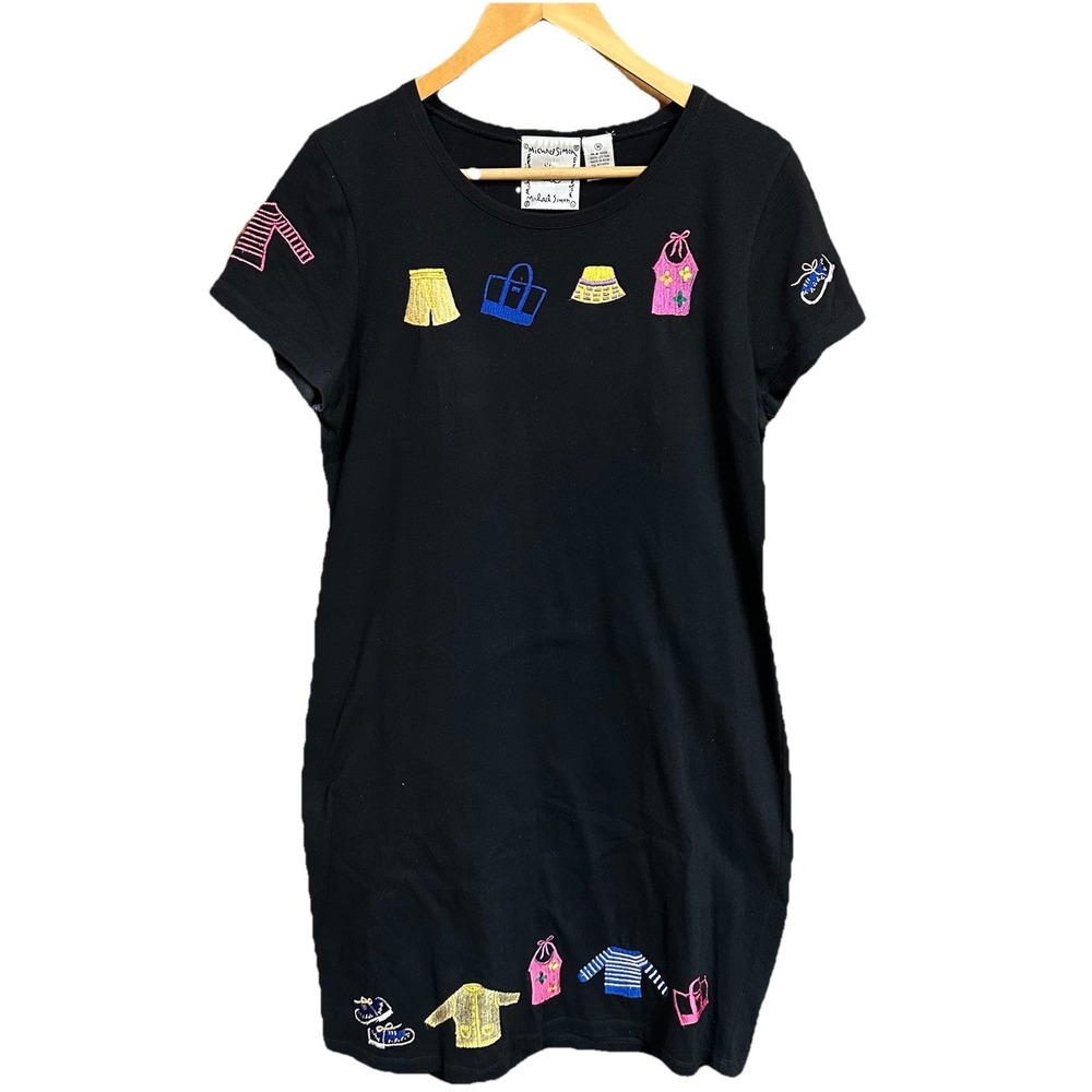 Michael Simon Lite Black Short Sleeve Midi Dress Embroidered Vtg 90's Women's M